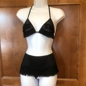 Sexy 2 piece black bra and panty set with fringe